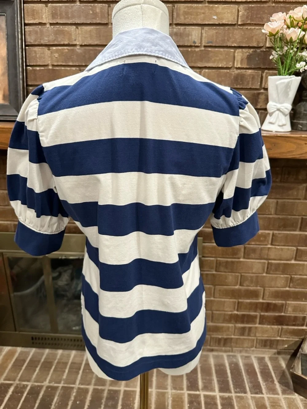 Maeve Anthropologie Blue Striped Puff Sleeve Polo Top Size Small